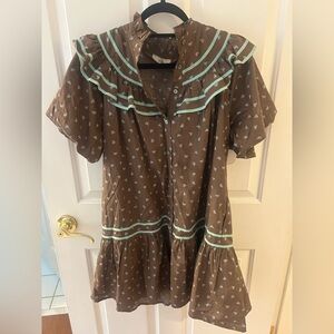 Entro Brown and Blue Ruffled Tiered Mini Dress